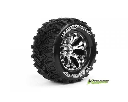 MT-CYCLONE - 1-10 Monster Truck Banden Set - Verlijmd op velg - Soft - 2.8\" Velgen Chroo